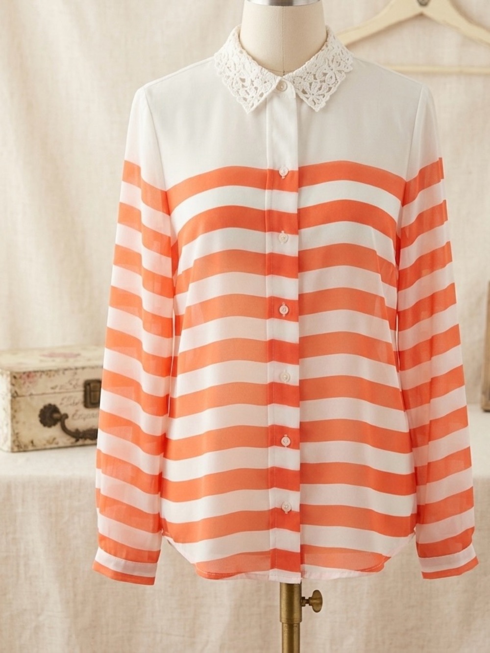 NWT! Lace Collar Coral Stripe Button-Down Blouse